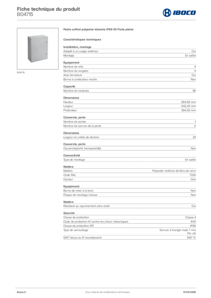 Image Iboco Fiche technique du produit B04715 | Hager France