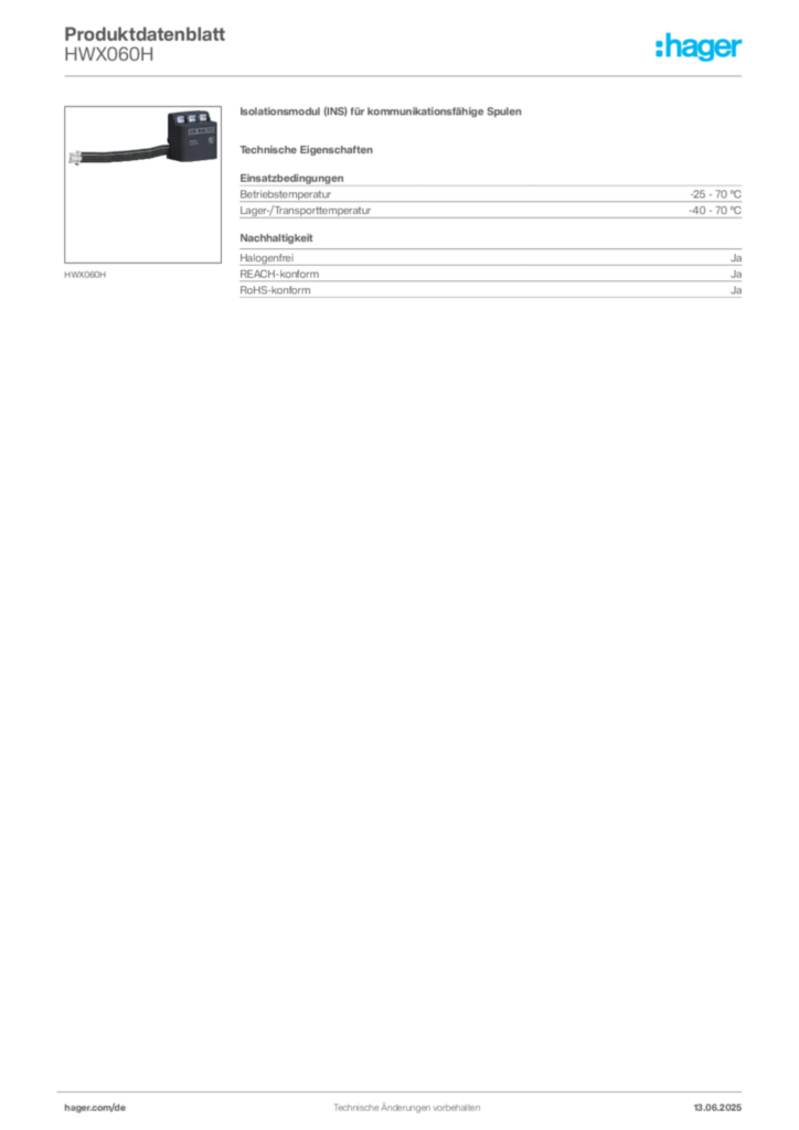 Bild Hager Produktdatenblatt HWX060H | Hager Deutschland