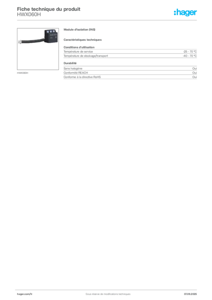 Image Hager Fiche technique du produit HWX060H | Hager France