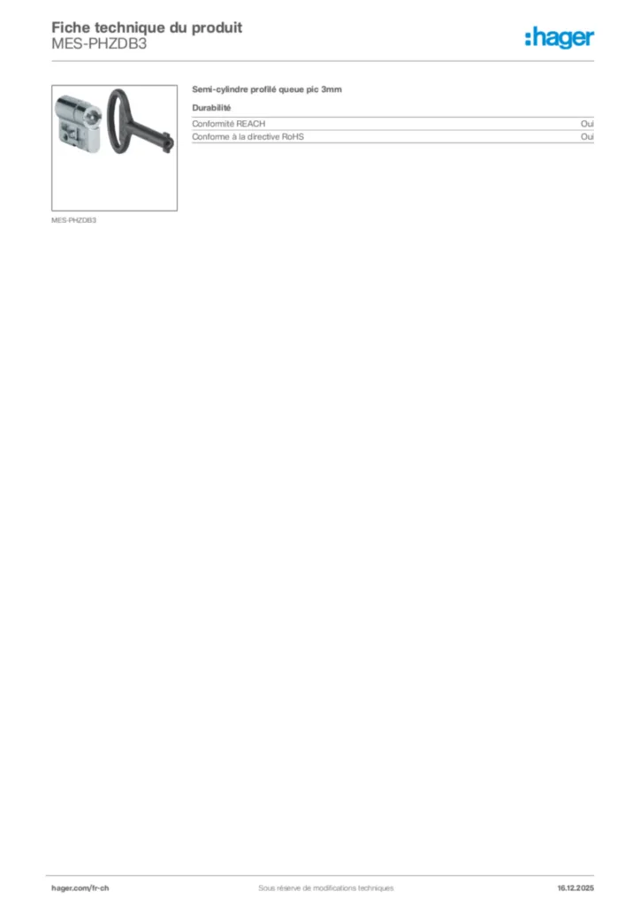Image Hager Fiche technique du produit MES-PHZDB3 | Hager Suisse