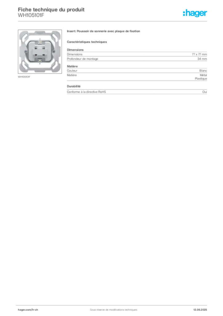 Image Hager Fiche technique du produit WH105101F | Hager Suisse