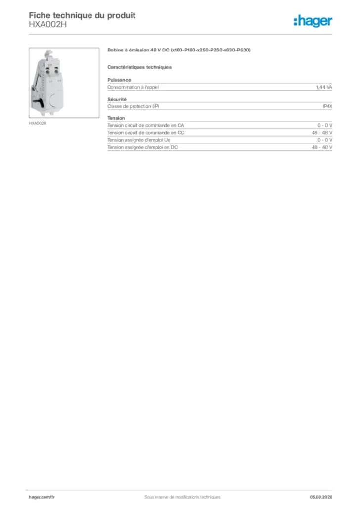 Image Hager Fiche technique du produit HXA002H | Hager France