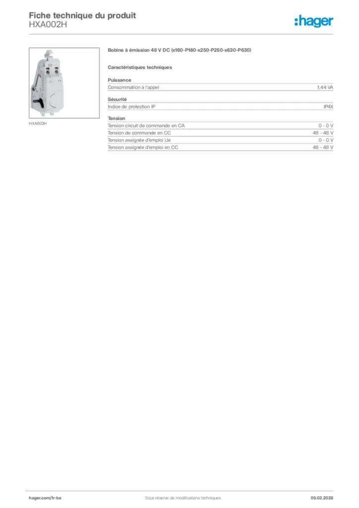 Image Hager Fiche technique du produit HXA002H | Hager Belgique