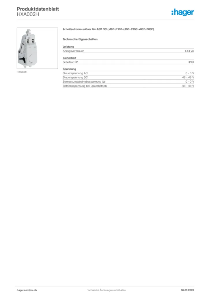 Bild Hager Produktdatenblatt HXA002H | Hager Schweiz