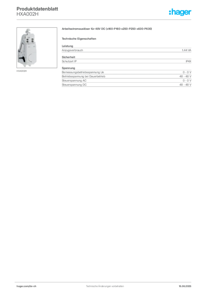 Bild Hager Produktdatenblatt HXA002H | Hager Schweiz