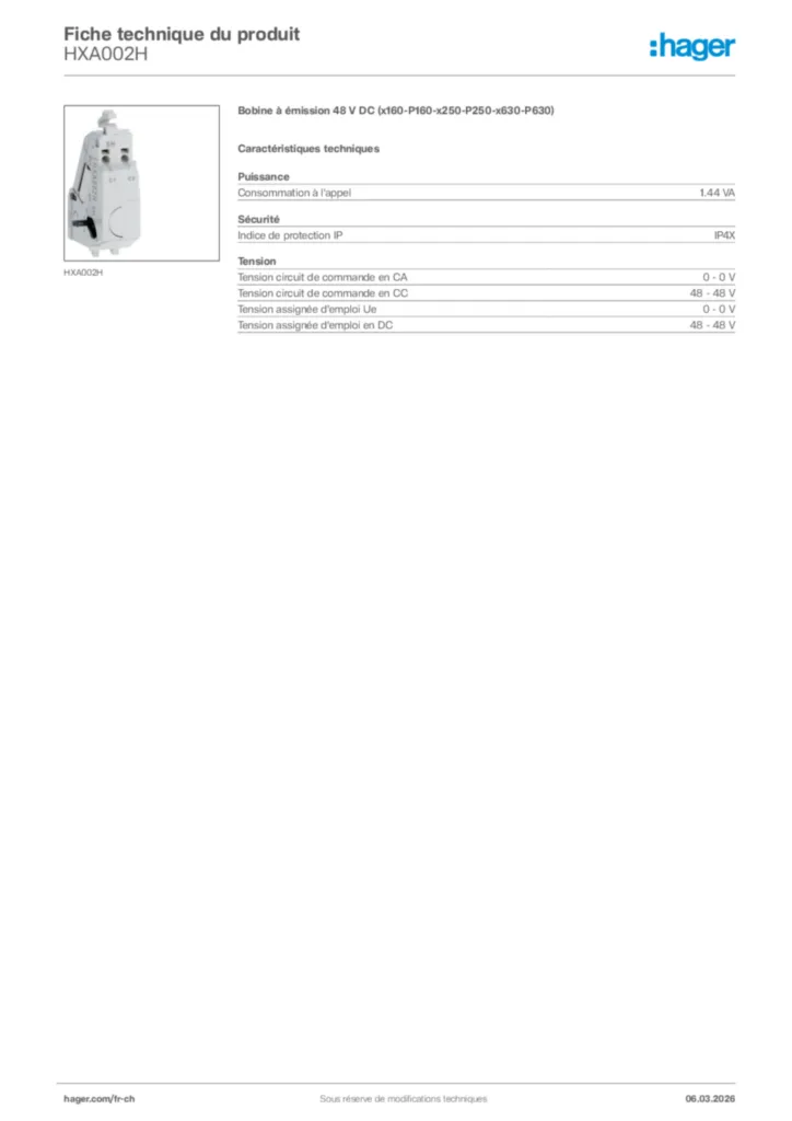 Image Hager Fiche technique du produit HXA002H | Hager Suisse