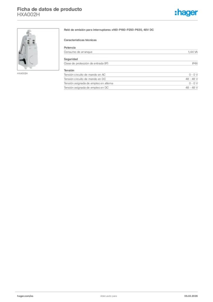 Imagen Hager Ficha de datos de producto HXA002H | Hager España