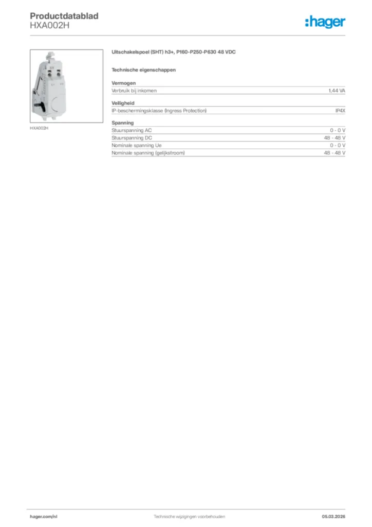 Afbeelding Hager Productdatablad HXA002H | Hager Nederland