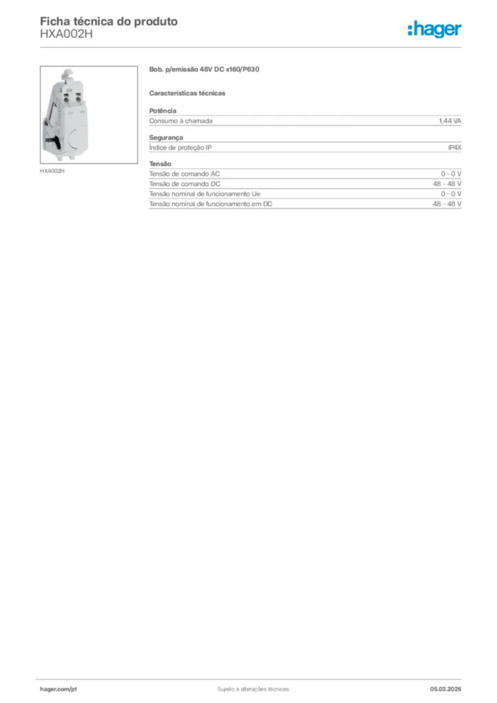 Imagem Hager Ficha técnica do produto HXA002H | Hager Portugal