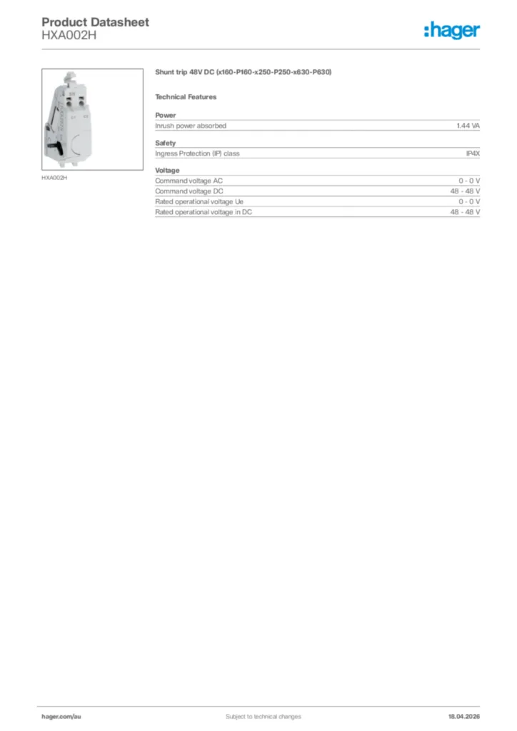 Image Hager Product data sheet HXA002H  | Hager Australia
