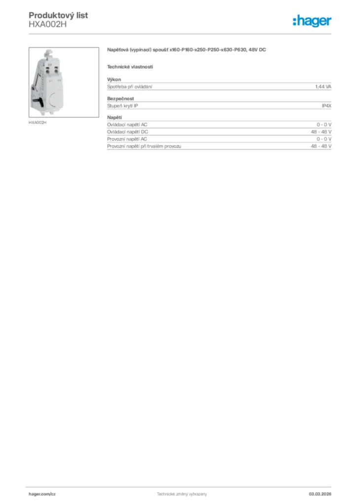 Obrázek Hager Product data sheet HXA002H | Hager