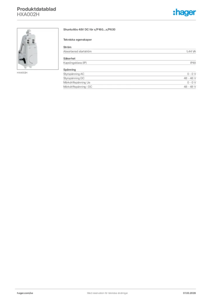 Bild Hager Produktdatablad HXA002H | Hager Sverige