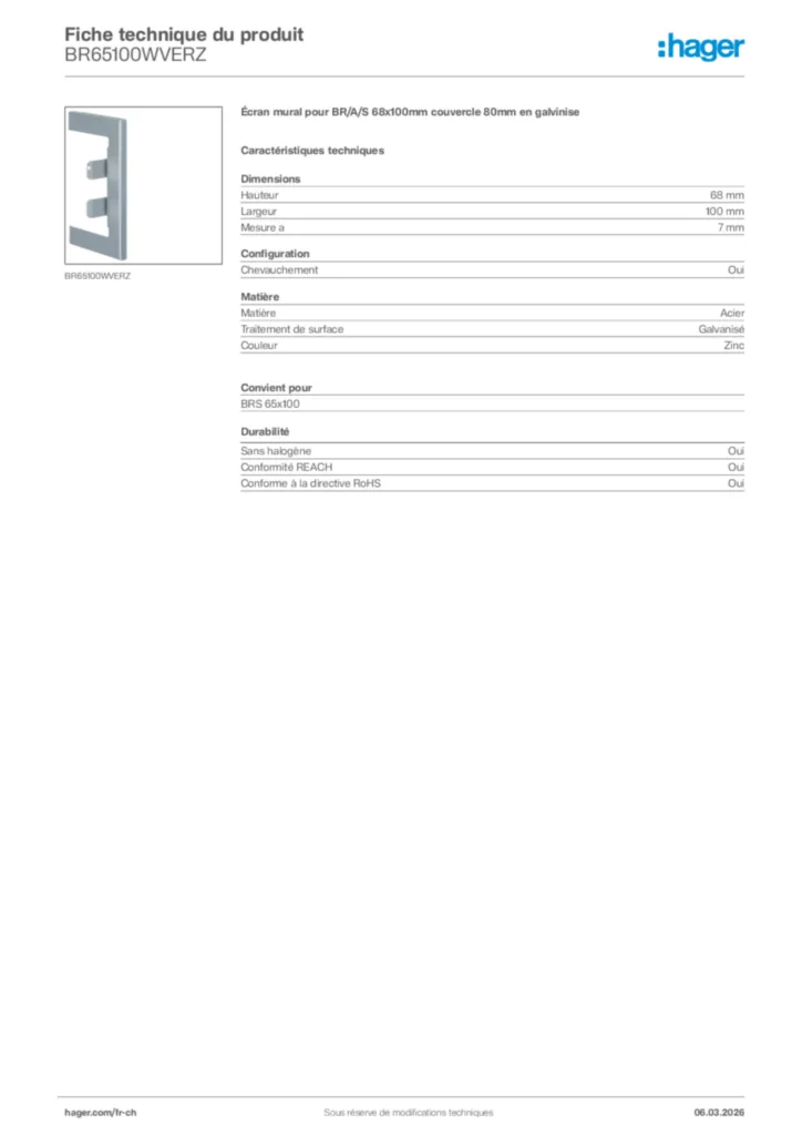 Image Hager Fiche technique du produit BR65100WVERZ | Hager Suisse