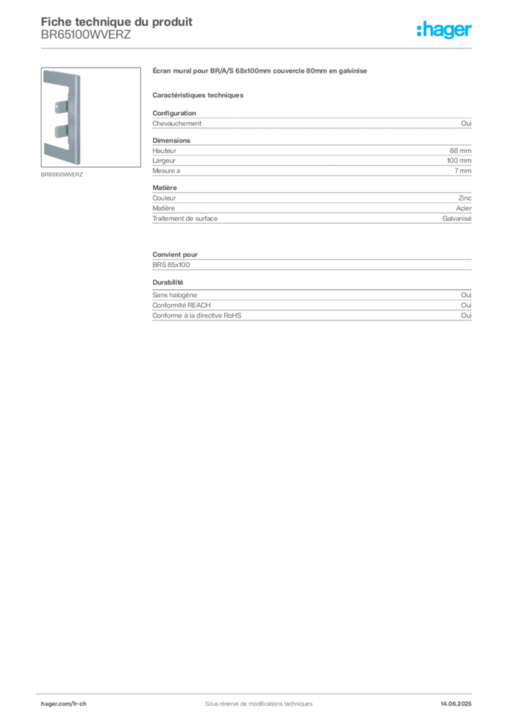Image Hager Fiche technique du produit BR65100WVERZ | Hager Suisse