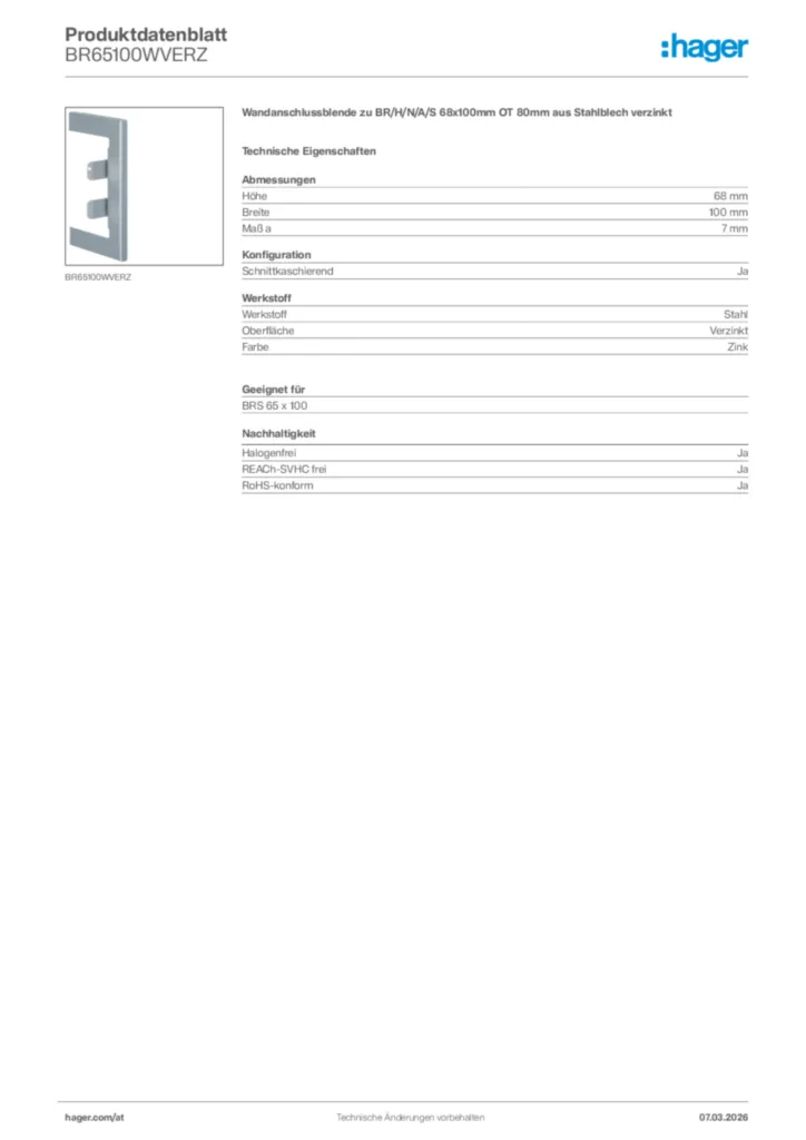 Bild Hager Produktdatenblatt BR65100WVERZ | Hager Deutschland