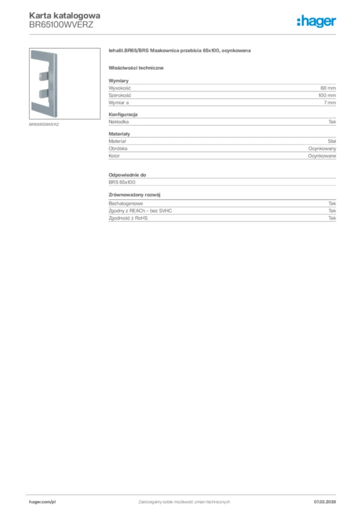 Zdjęcie Hager Karta katalogowa BR65100WVERZ | Hager Polska