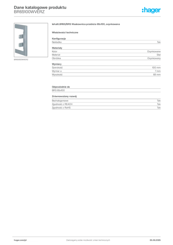 Zdjęcie Hager Karta katalogowa BR65100WVERZ | Hager Polska