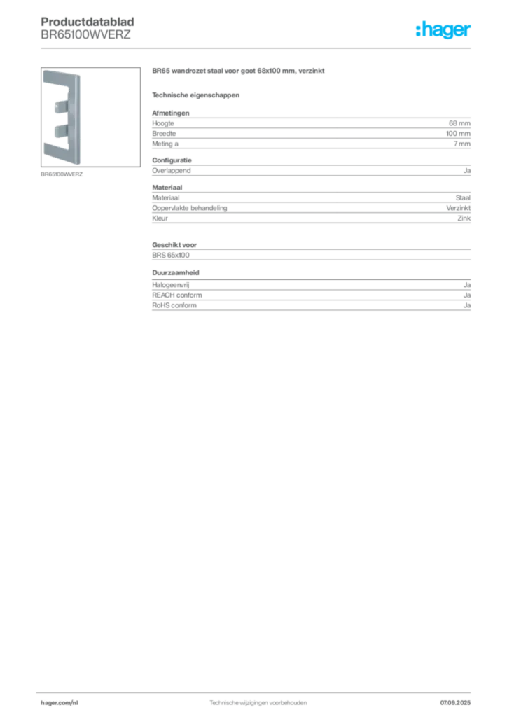 Afbeelding Hager Productdatablad BR65100WVERZ | Hager Nederland