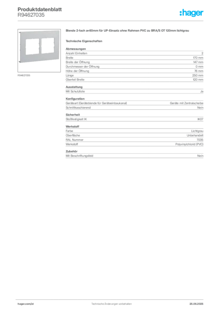 Bild Hager Produktdatenblatt R94627035 | Hager Deutschland