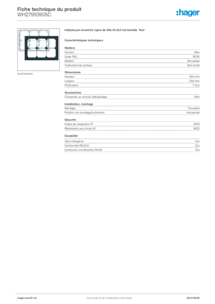 Image Hager Fiche technique du produit WH27910905C | Hager Suisse