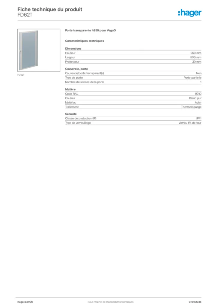 Image Hager Fiche technique du produit FD62T | Hager France