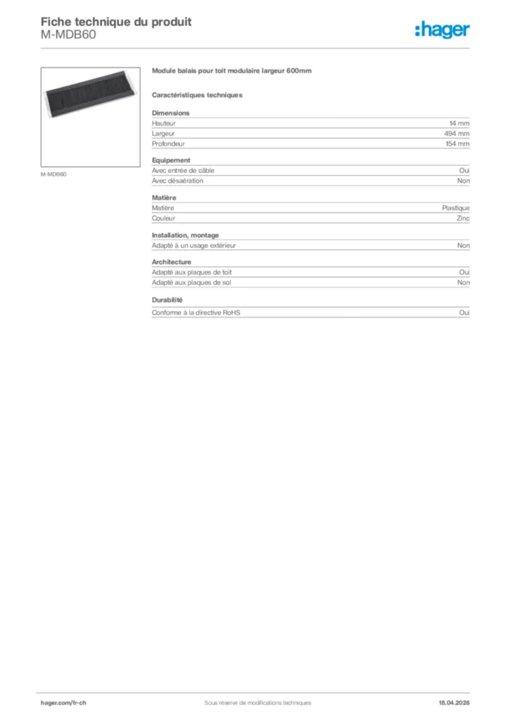 Image Hager Fiche technique du produit M-MDB60 | Hager Suisse