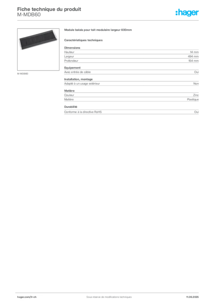 Image Hager Fiche technique du produit M-MDB60 | Hager Suisse