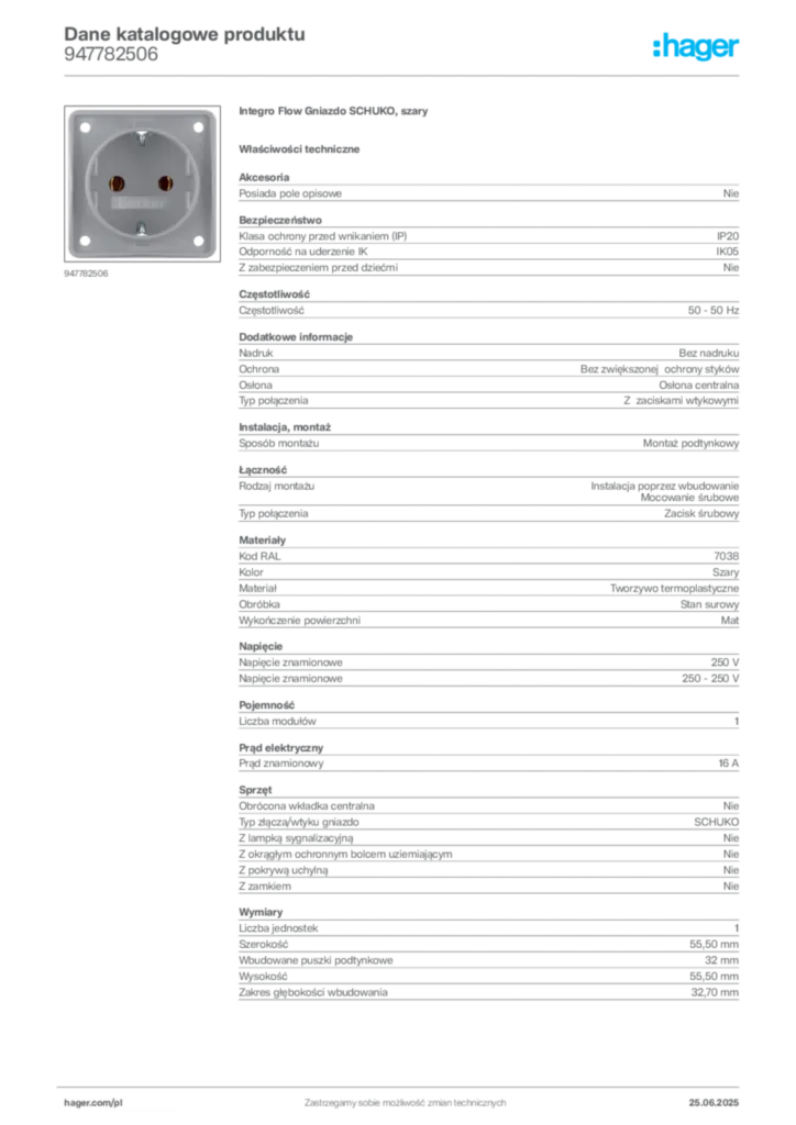 Zdjęcie Hager Karta katalogowa 947782506 | Hager Polska