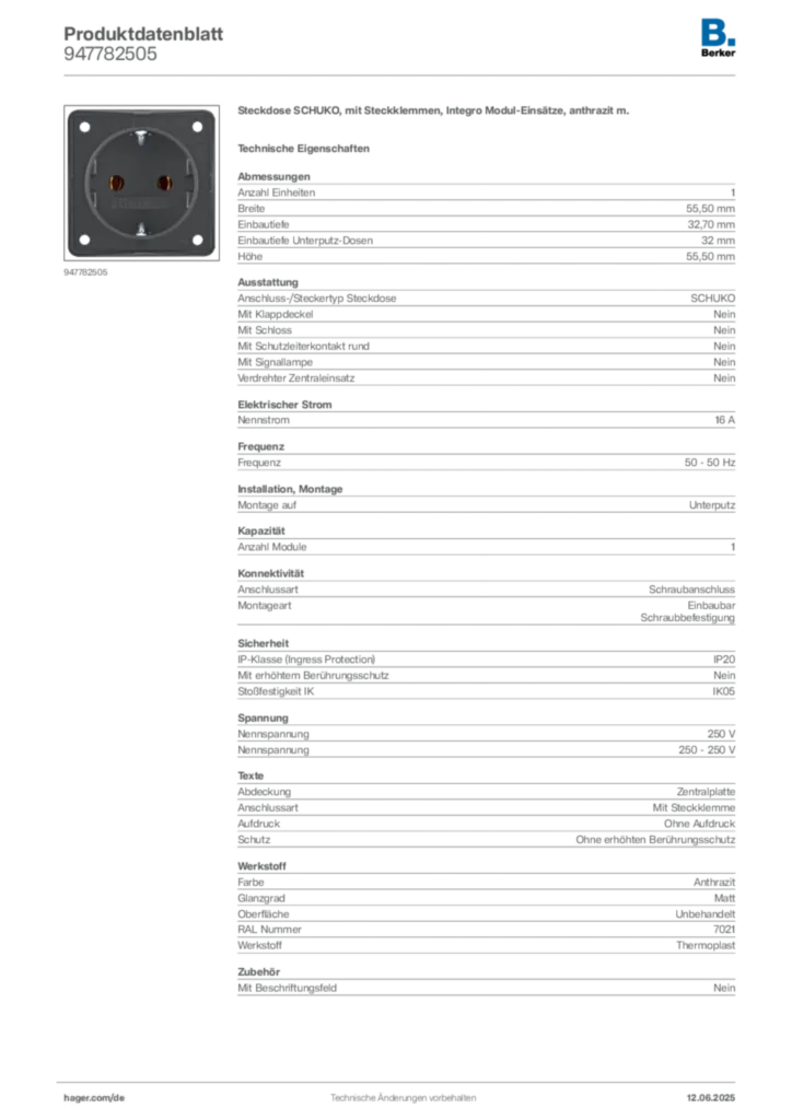 Bild Berker Produktdatenblatt 947782505 | Hager Deutschland