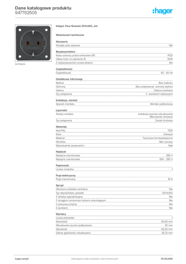 Zdjęcie Hager Karta katalogowa 947782505 | Hager Polska