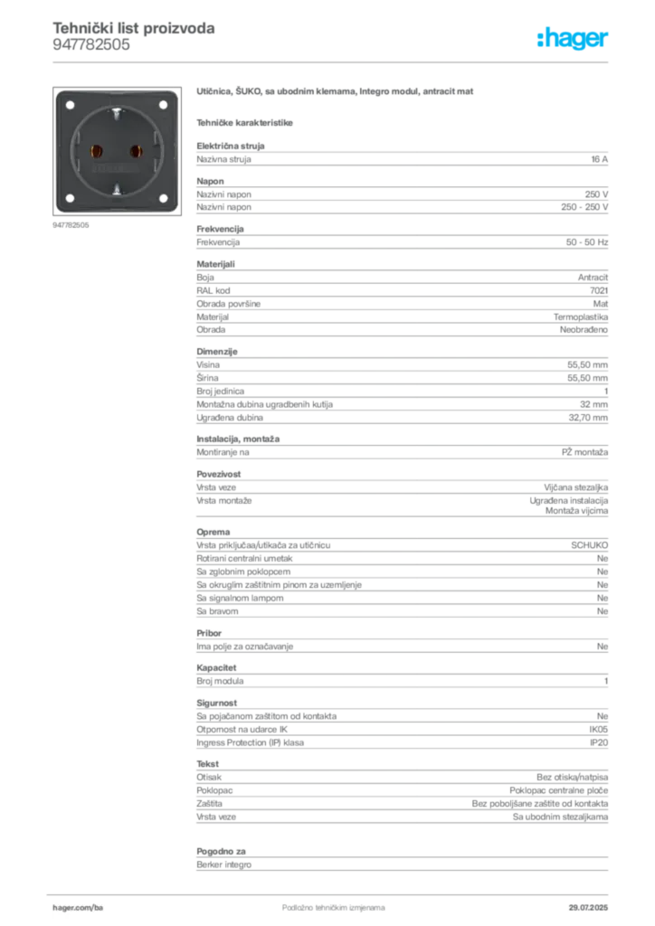 Slika Hager Product data sheet 947782505  | Hager