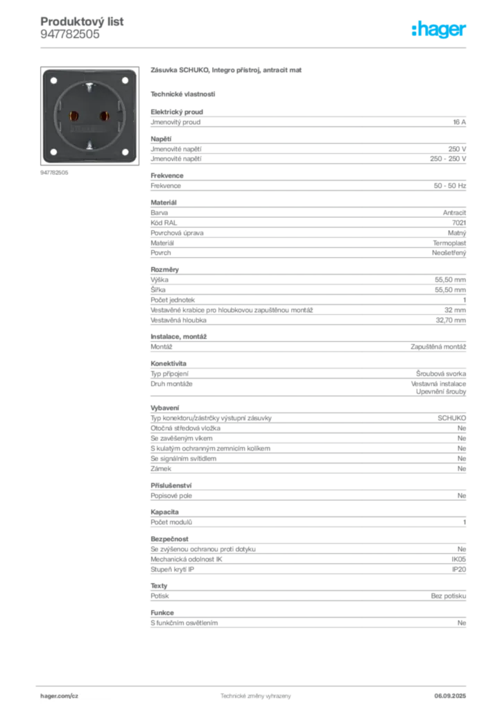 Obrázek Hager Produktový list 947782505 | Hager