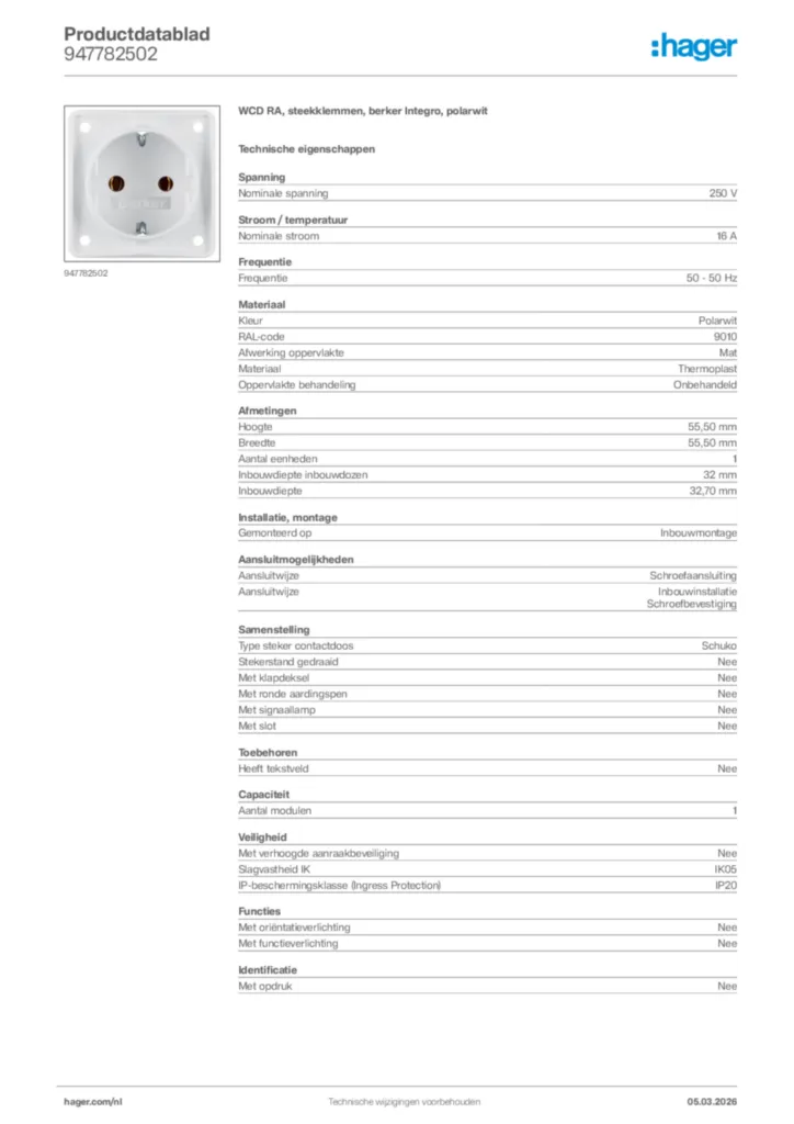 Afbeelding Hager Productdatablad 947782502 | Hager Nederland