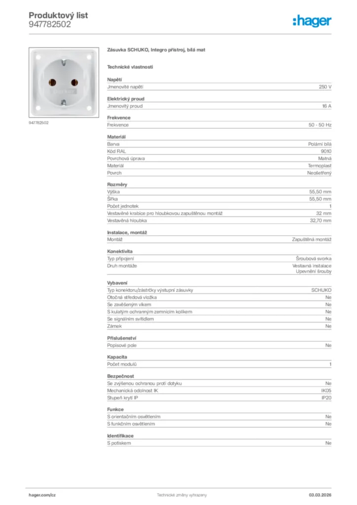 Obrázek Hager Product data sheet 947782502 | Hager