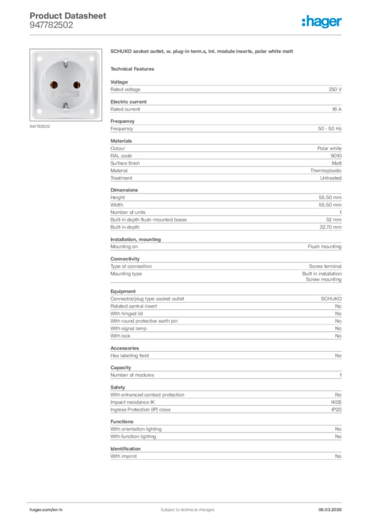 Image Hager Product data sheet 947782502  | Hager
