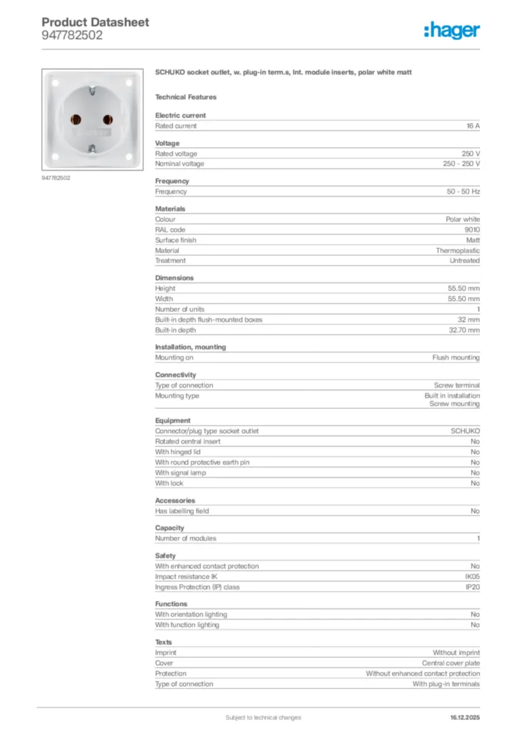 Image Hager Product data sheet 947782502  | Hager