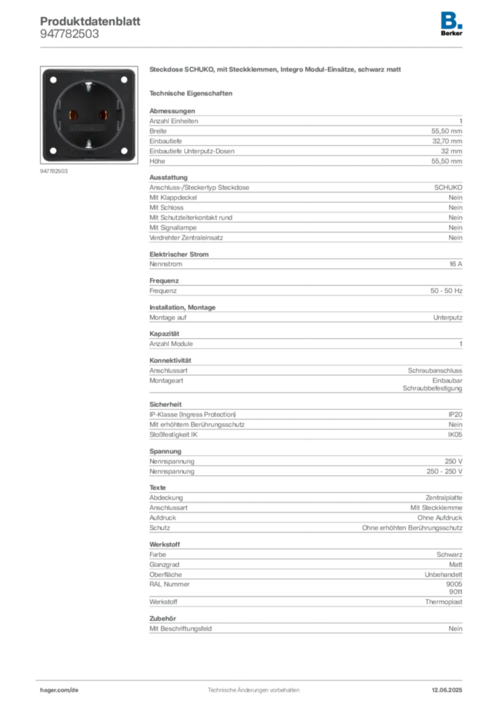 Bild Berker Produktdatenblatt 947782503 | Hager Deutschland