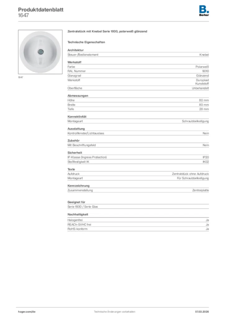 Bild Berker Produktdatenblatt 1647 | Hager Deutschland