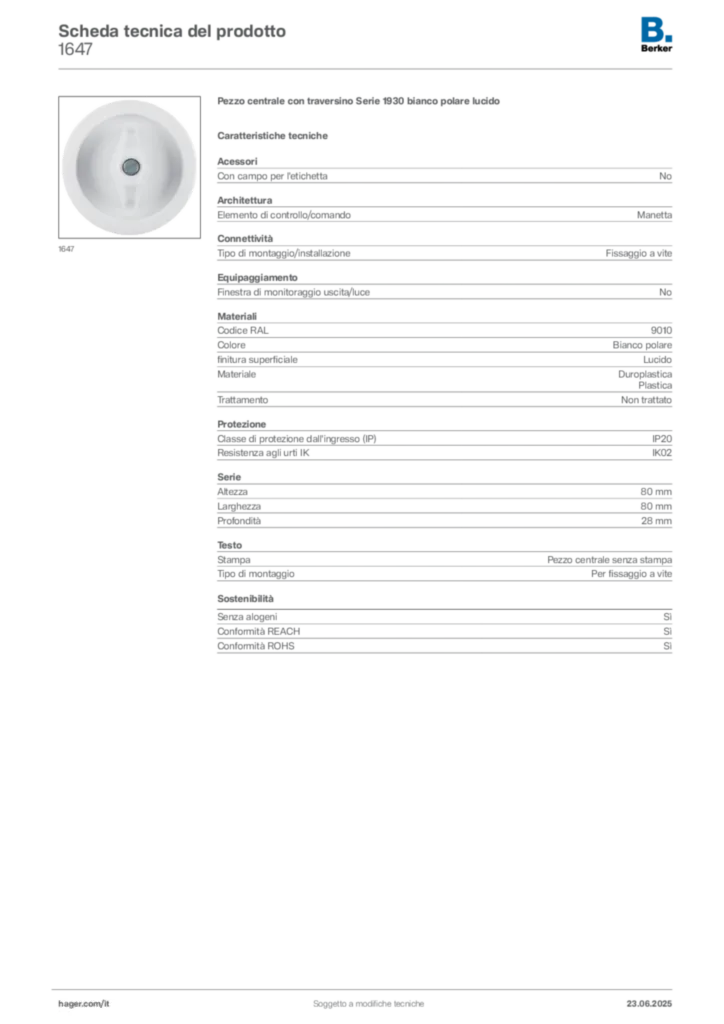 Immagine Berker Scheda tecnica del prodotto 1647 | Hager Italia