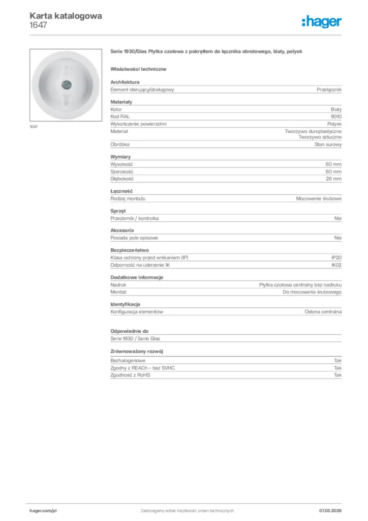 Zdjęcie Hager Karta katalogowa 1647 | Hager Polska