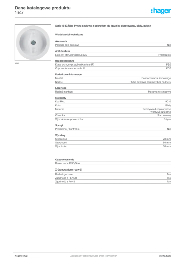 Zdjęcie Hager Karta katalogowa 1647 | Hager Polska