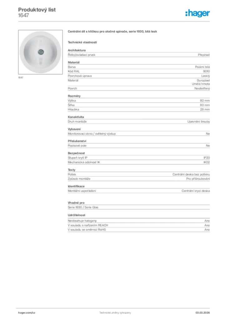Obrázek Hager Product data sheet 1647 | Hager