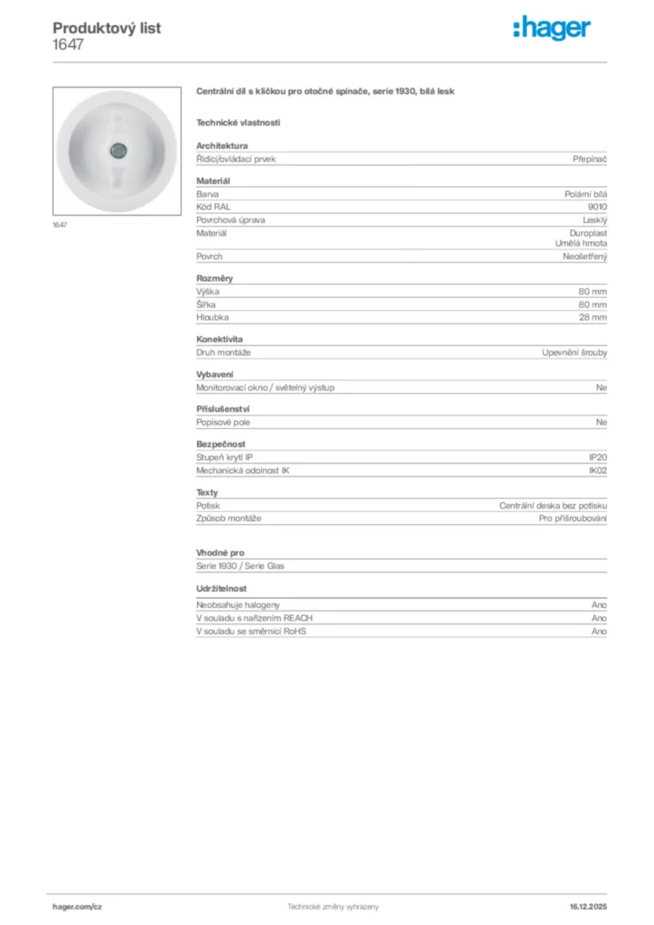 Obrázek Hager Produktový list 1647 | Hager