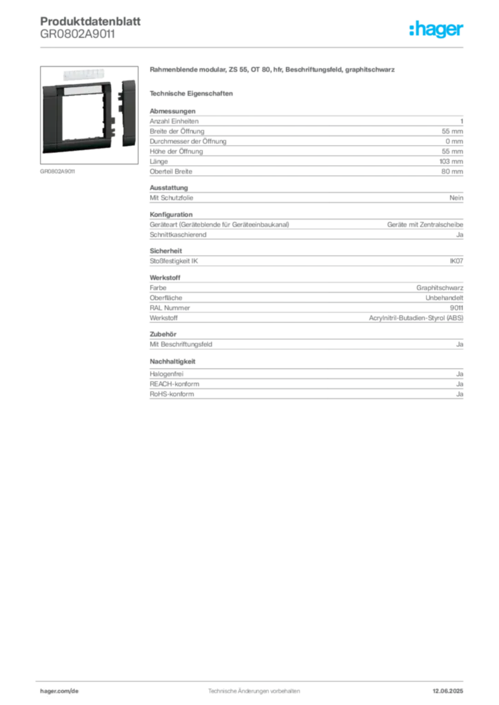 Bild Hager Produktdatenblatt GR0802A9011 | Hager Deutschland