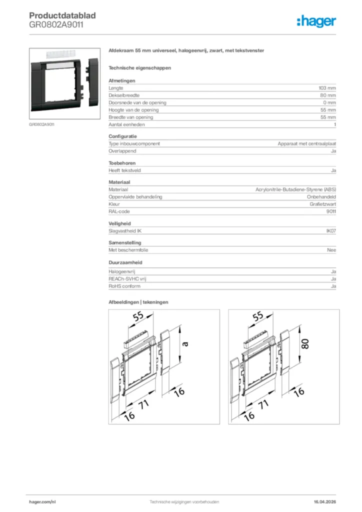 Afbeelding Hager Productdatablad GR0802A9011 | Hager Nederland
