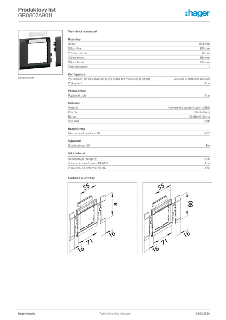 Obrázek Hager Product data sheet GR0802A9011 | Hager