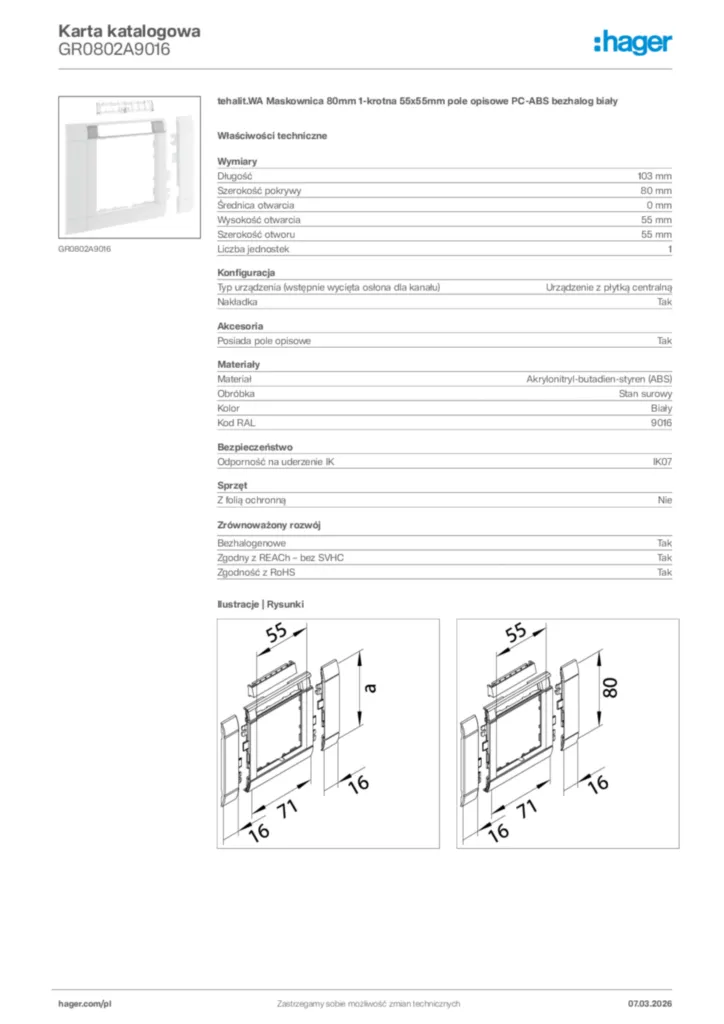 Zdjęcie Hager Karta katalogowa GR0802A9016 | Hager Polska