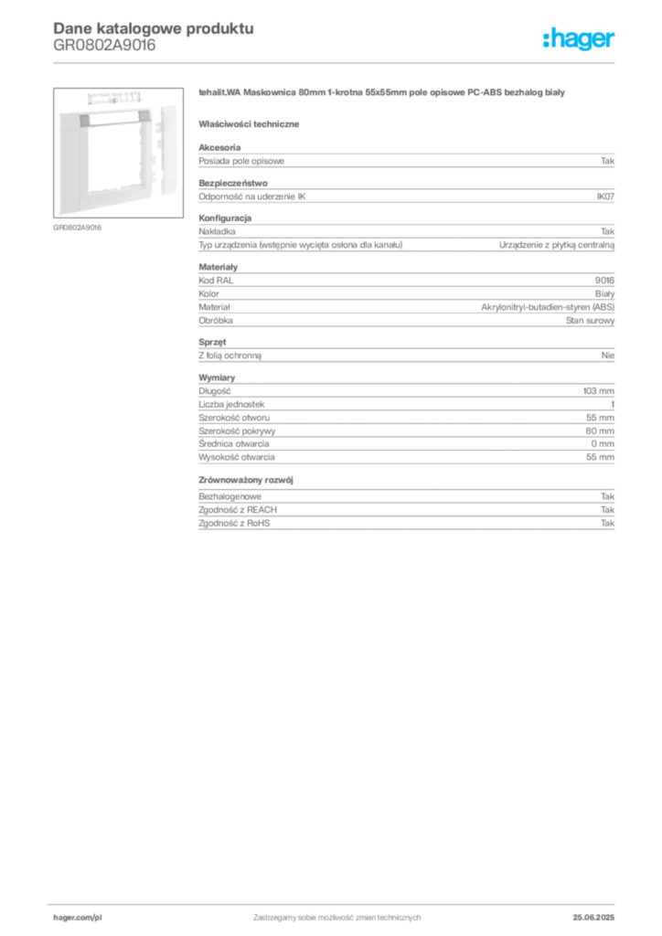 Zdjęcie Hager Karta katalogowa GR0802A9016 | Hager Polska