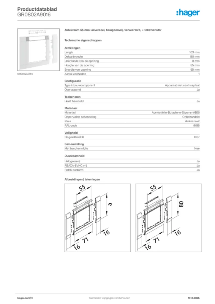 Afbeelding Hager Productdatablad GR0802A9016 | Hager Nederland