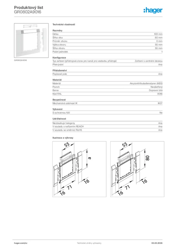 Obrázek Hager Product data sheet GR0802A9016 | Hager